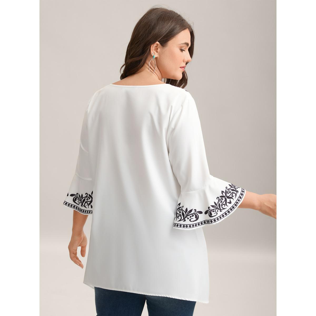 Plus Size Originalwhite Boho Print Split Neck Relaxed Fit Blouse Women Resort Elbow-length sleeve Notched collar Vacation Blouses BloomChic 22-24/3X Product Image
