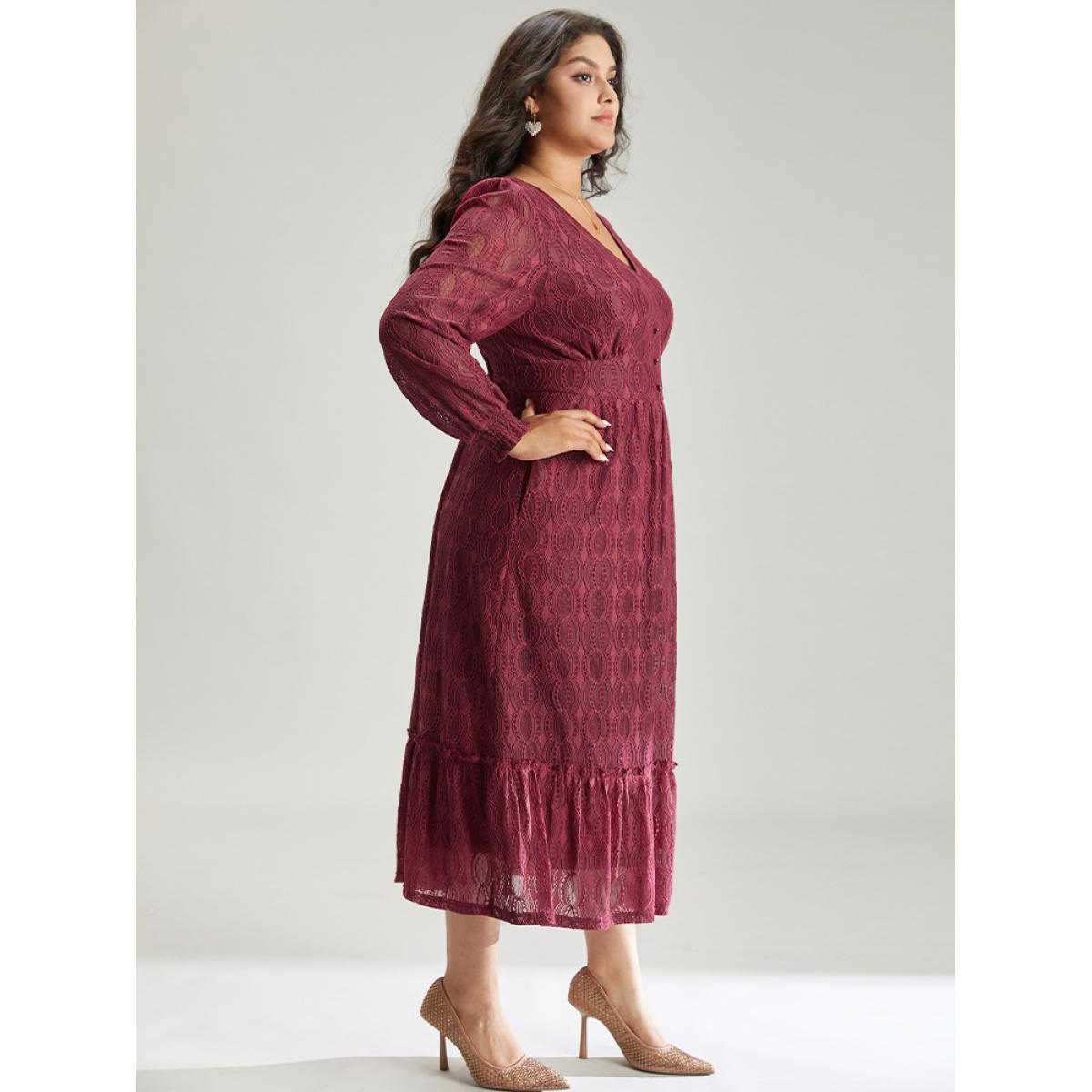 Plus Size Contrast Lace Button Detail Shirred Ruffle Hem Dress Scarlet Women Glamour Texture V-neck Long Sleeve Curvy Midi Dress BloomChic 10/M Product Image