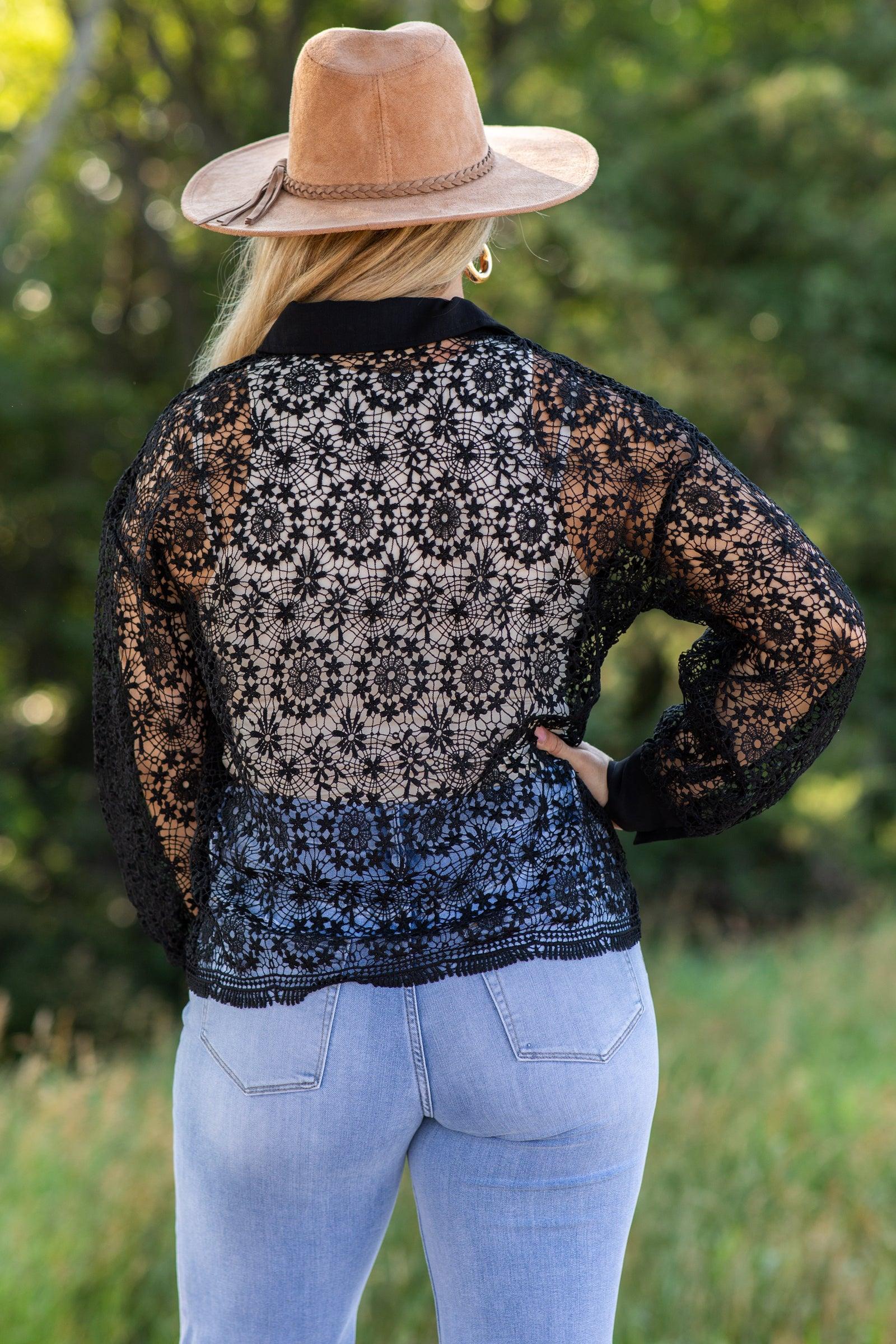 Black Floral Crochet Top With Button Detail Product Image