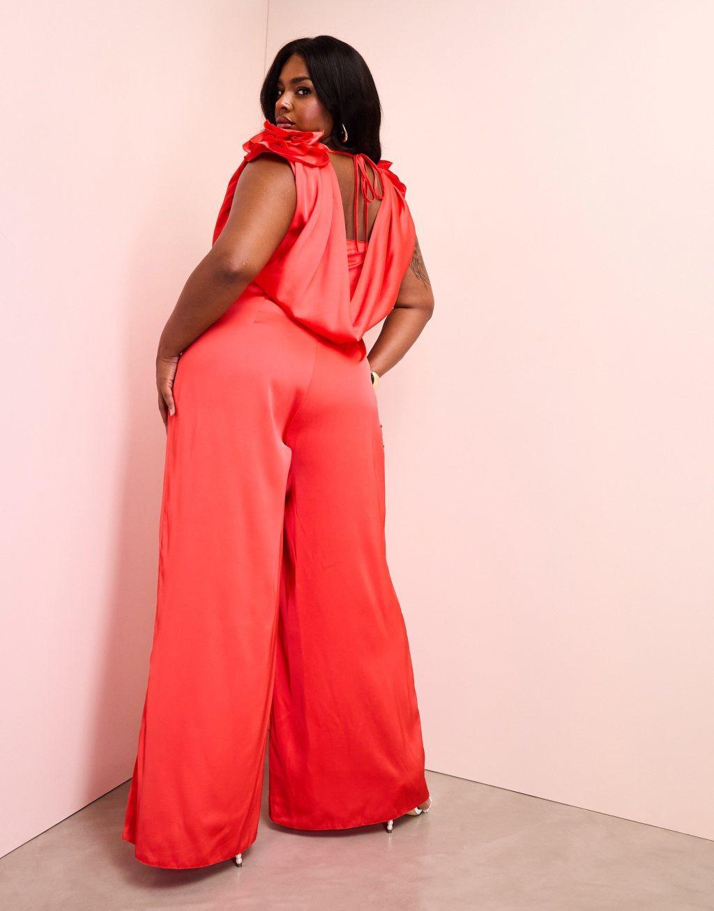 ASOS LUXE Curve satin corsage plunge neck wide leg jumpsuit in red Product Image