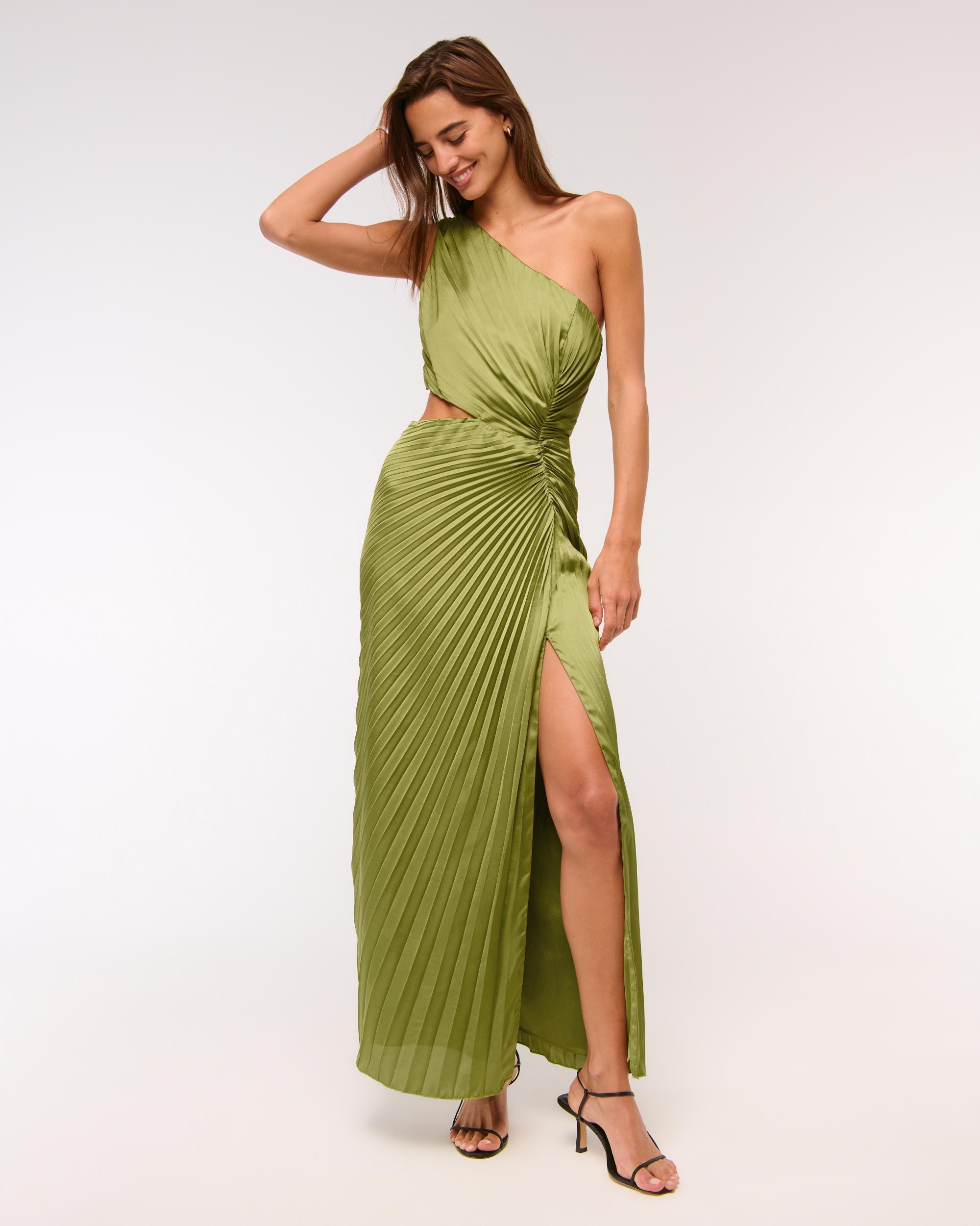 The A&F Giselle Pleated One-Shoulder Cutout Maxi Dress Product Image