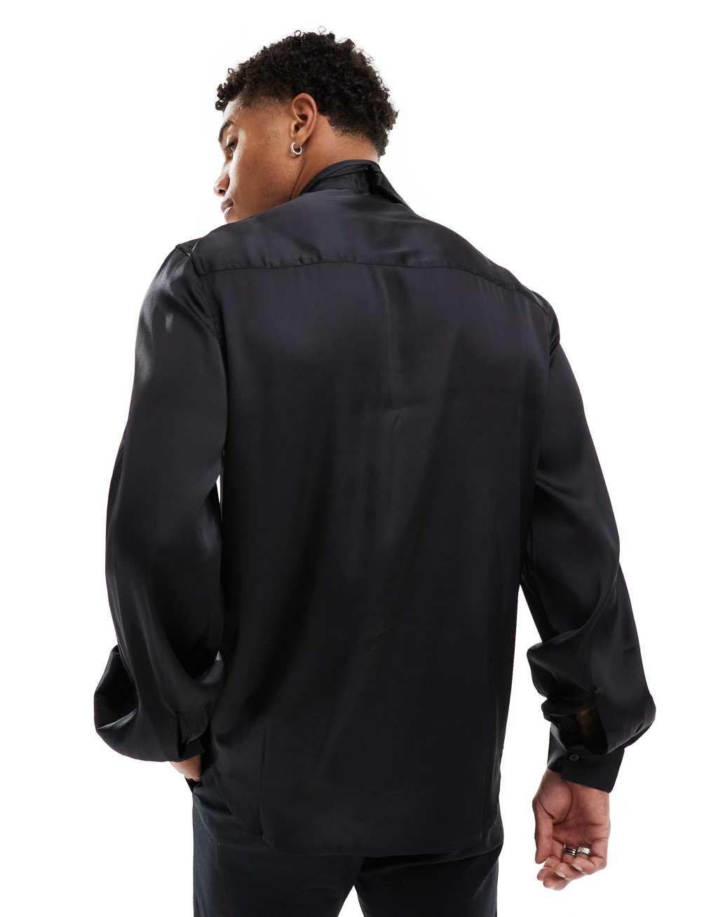 ASOS DESIGN satin regular shirt with tie neck and blouson volume sleeve Product Image