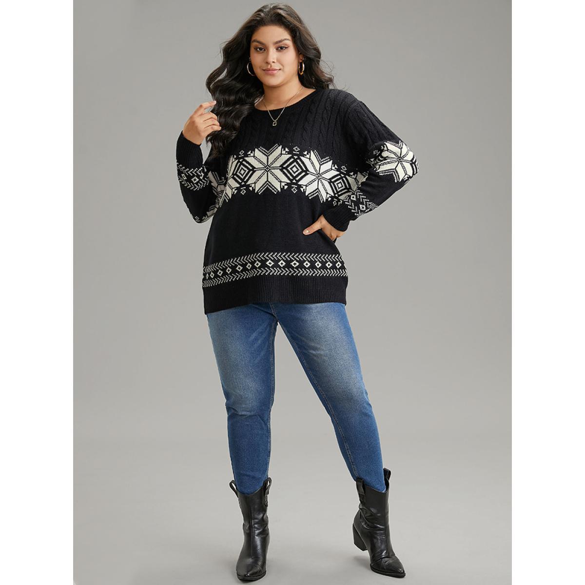 Plus Size Geometric Jacquard Cable Knit Pullover Black Women Casual Loose Long Sleeve Round Neck Dailywear Pullovers BloomChic 30/6X Product Image