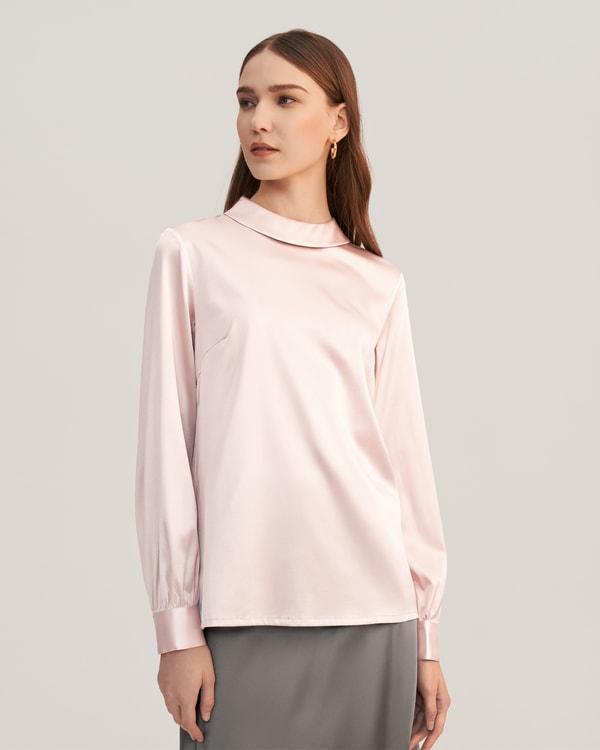 Stand Collar Long Sleeves  Silk Blouse Product Image