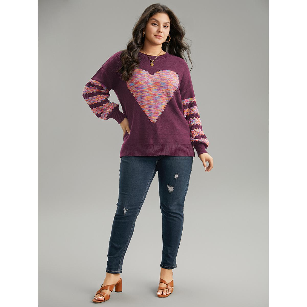 Plus Size Heart Heather Patchwork Crew Neck Pullover RedViolet Women Casual Loose Long Sleeve Round Neck Everyday Pullovers BloomChic 12/L Product Image