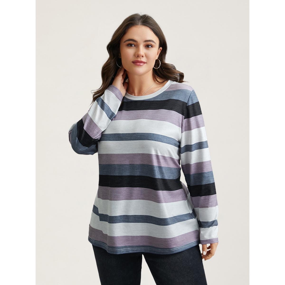 Plus Size Multi-Color Stripes Stretchy T-Shirt Multicolor Women Casual Contrast Round Neck Everyday T-shirts BloomChic 28/5X Product Image