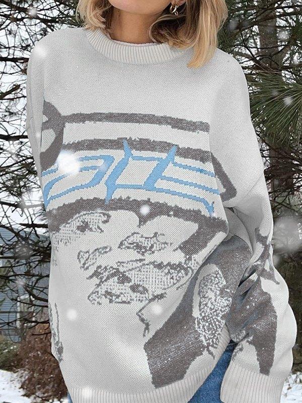 Long Sleeve Jacquard Crew Neck Sweater Product Image