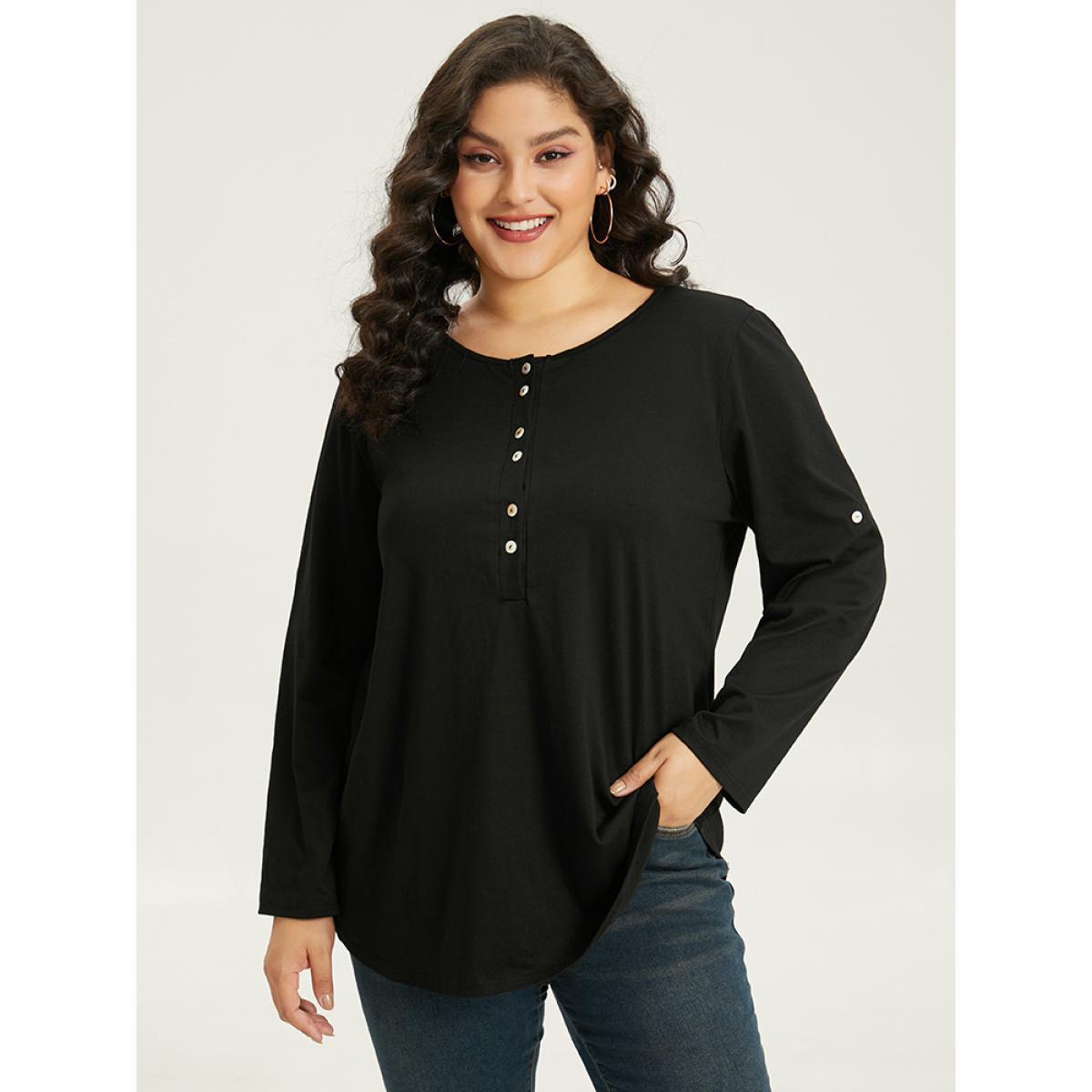 Plus Size Plain Button Up Tab Sleeve T-shirt Black Women Casual Plain Plain Round Neck Dailywear T-shirts BloomChic 12/L Product Image