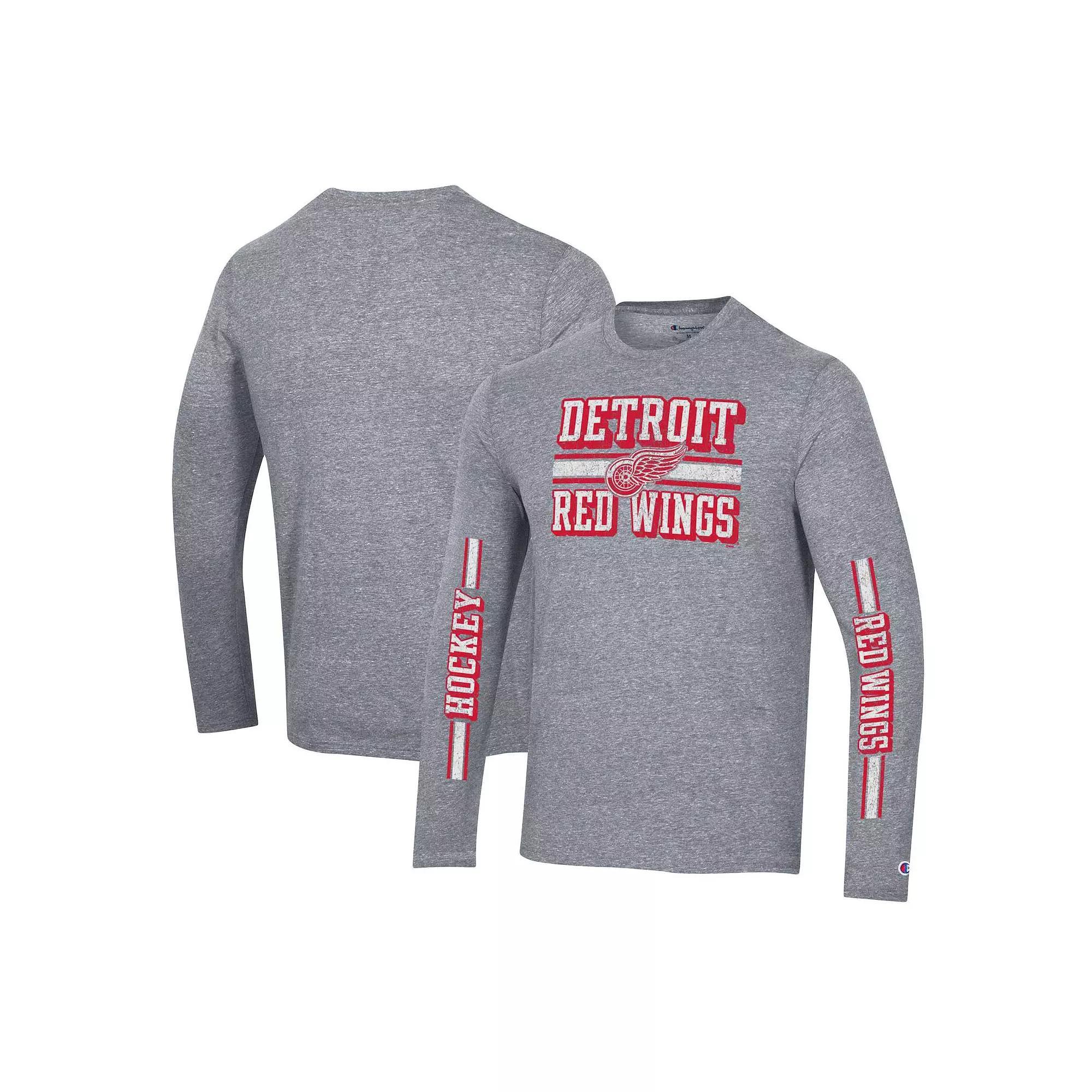 Men's Champion Heather Gray Detroit Red Wings Tri-Blend Dual-Stripe Long Sleeve T-Shirt,  Product Image