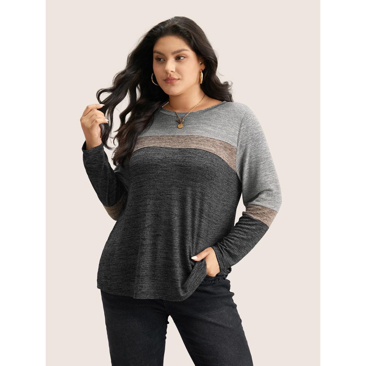 Plus Size Heather Colorblock Contrast Crew Neck T-shirt Gray Women Casual Texture Plain Round Neck Everyday T-shirts BloomChic 22-24/3X Product Image