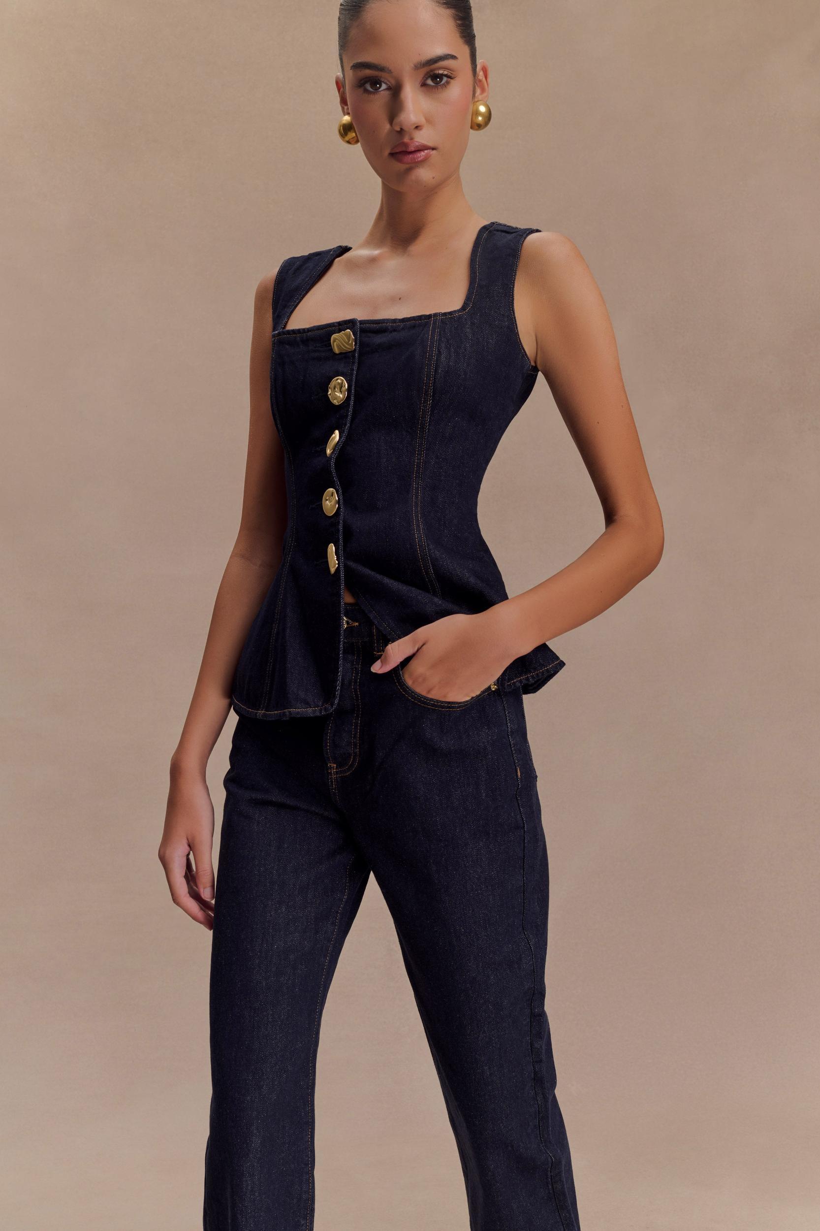 Neve Sleeveless Buttoned Denim Top - Washed Indigo Blue Product Image