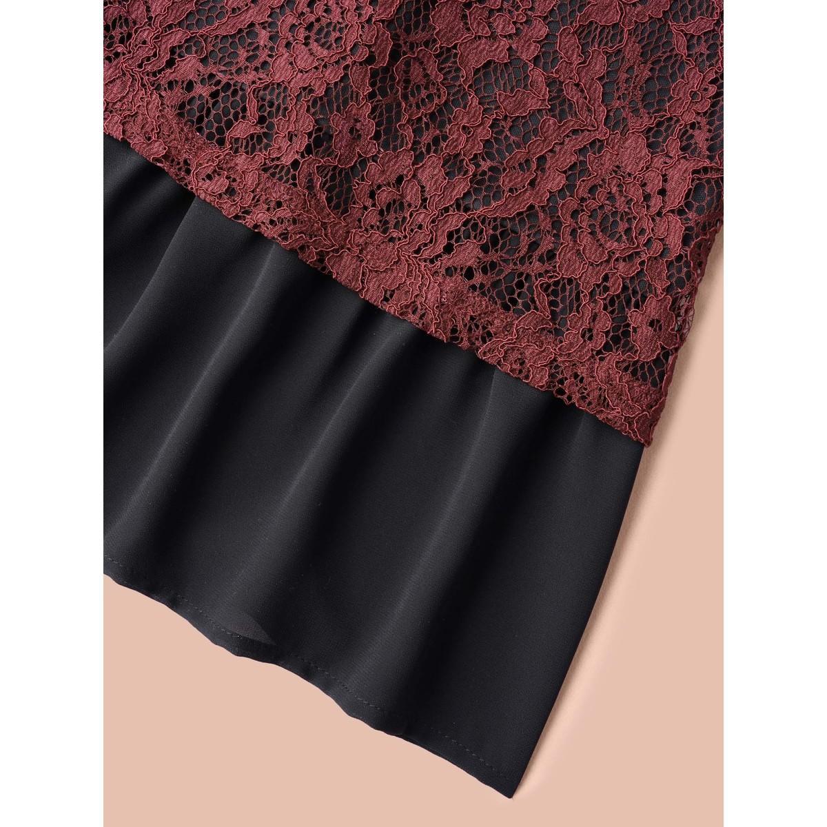 Plus Size Burgundy Round Neck Contrast Lace Ruffled Sleeve Blouse Women Elegant Elbow-length sleeve Round Neck Everyday Blouses BloomChic 12/L Product Image