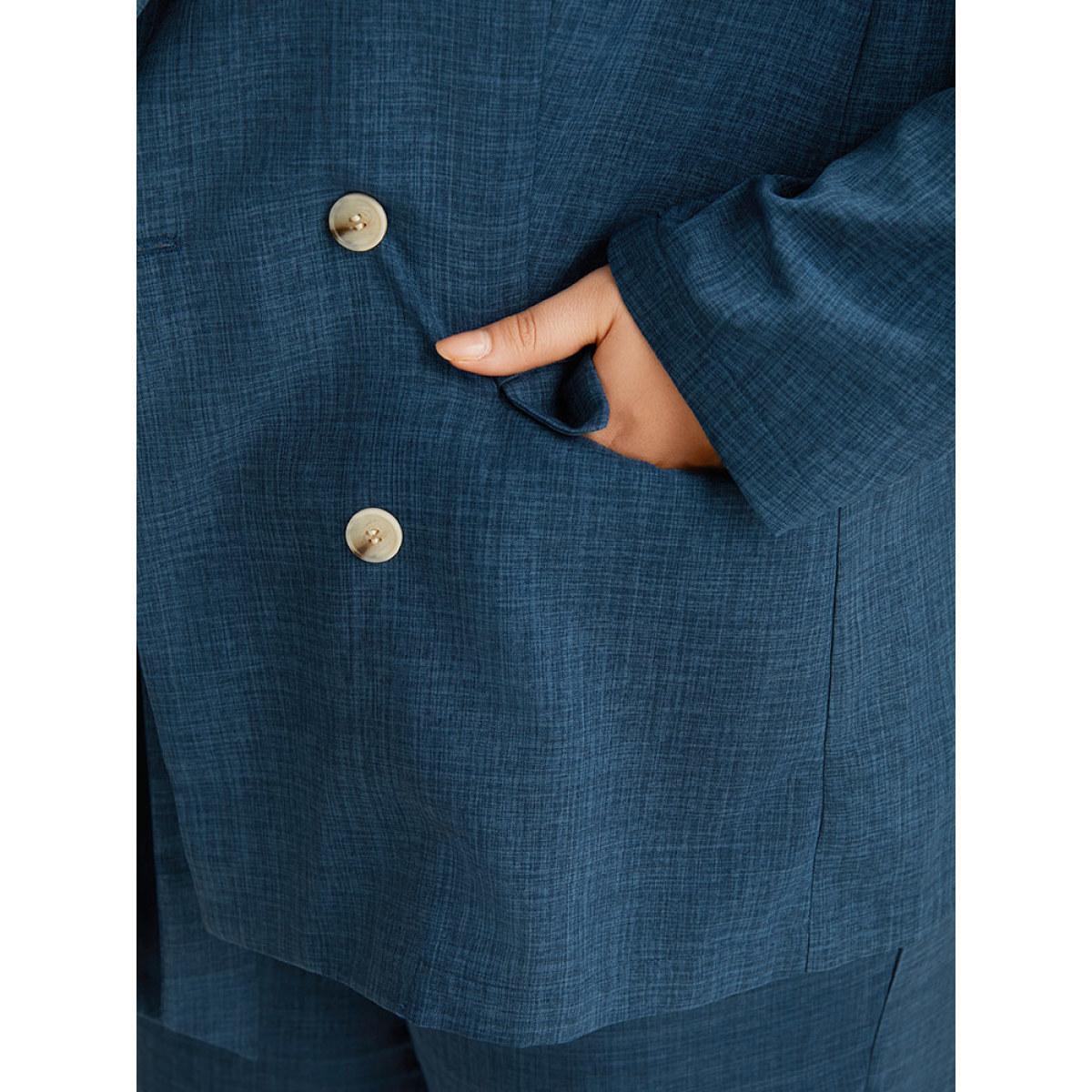 Plus Size Solid Double Breasted Suit Collar Flap Pocket Blazer Indigo Women Office Plain Texture Sleeve Long Sleeve Suit Collar 10/M Pocket At the Office Blazers BloomChic Product Image