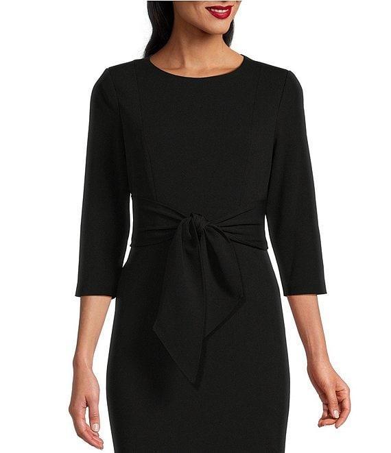 Adrianna Papell Stretch Crepe Crew Neck Tie Waist 3/4 Sleeve Midi Sheath Dress Product Image