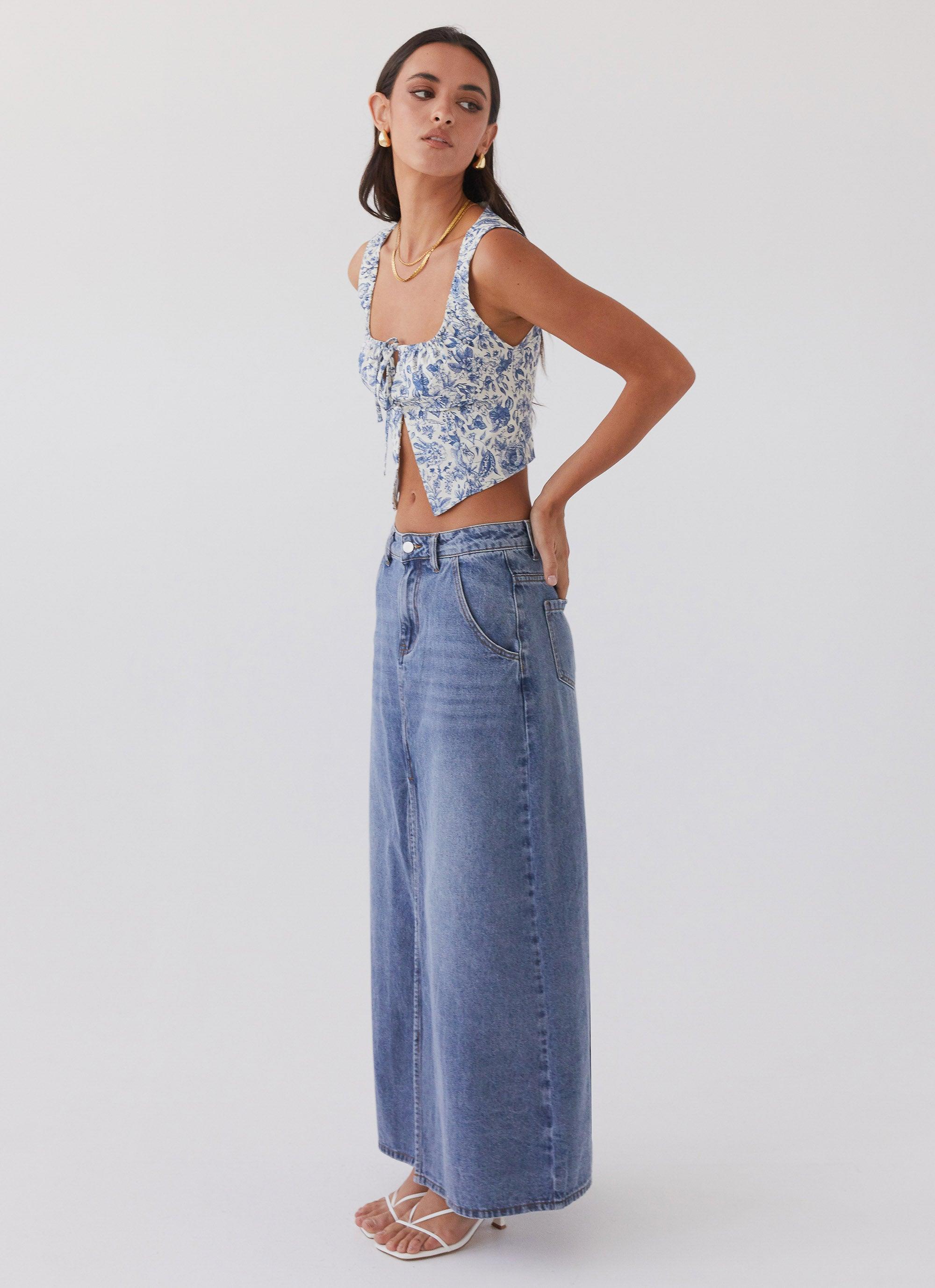 Walk This Way Denim Maxi Skirt - Blue Product Image