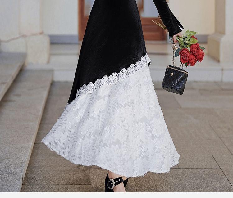 Long Sleeve Mandarin Collar Lace Trim Mock Two Piece Maxi A-Line Dress Product Image