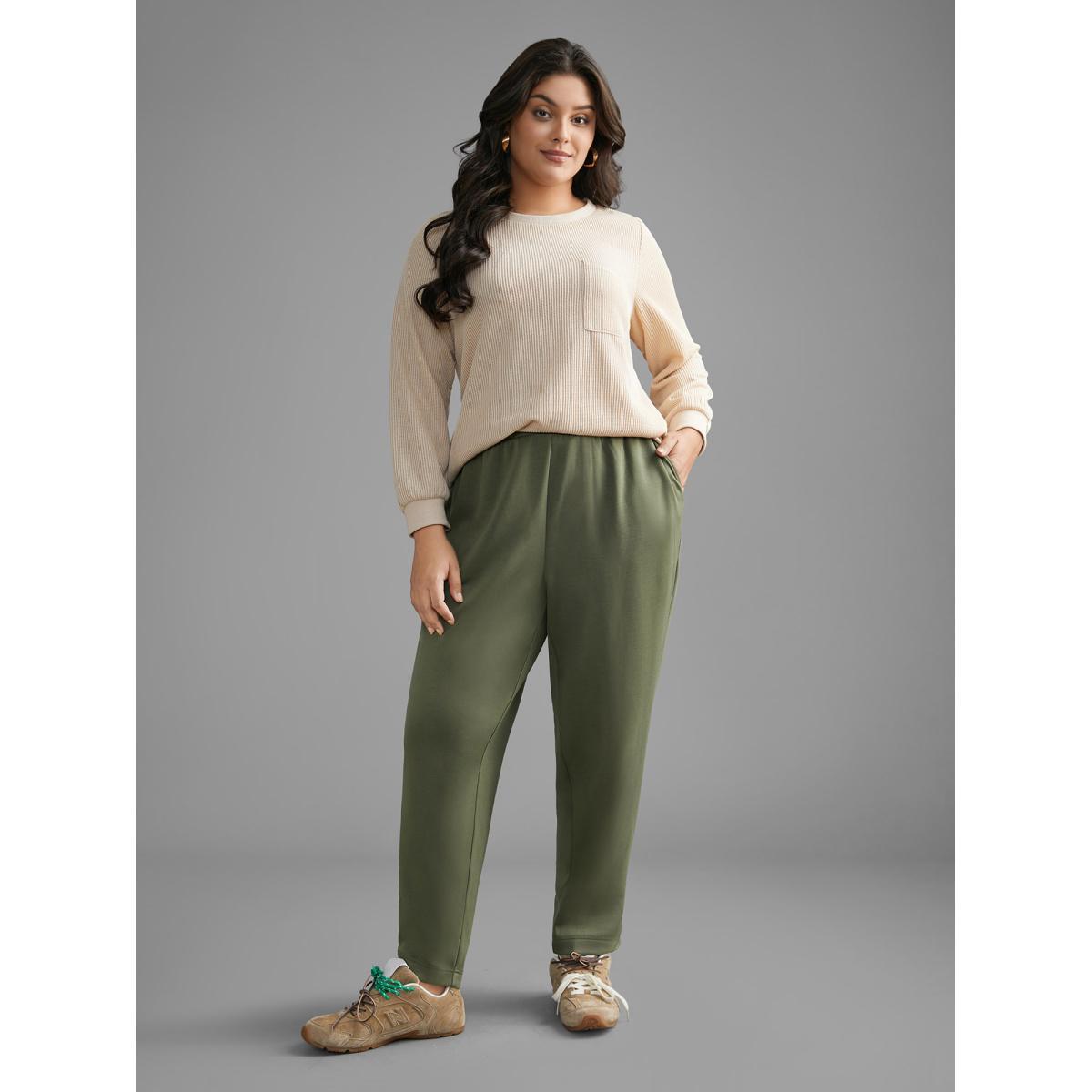 Plus Size Solid Elastic Waist Mid Rise Pants Women Sage Casual Mid Rise Everyday Pants BloomChic 14-16/1X Product Image
