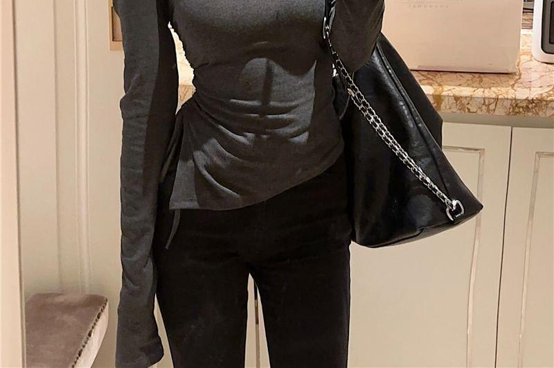 Cold-Shoulder Long-Sleeve Asymmetrical Plain T-Shirt Product Image