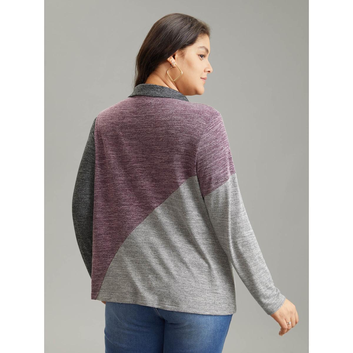 Plus Size Contrast Heather V Neck Button Detail T-shirt Multicolor Women Elegant Heather Plain V-neck Dailywear T-shirts BloomChic 22-24/3X Product Image