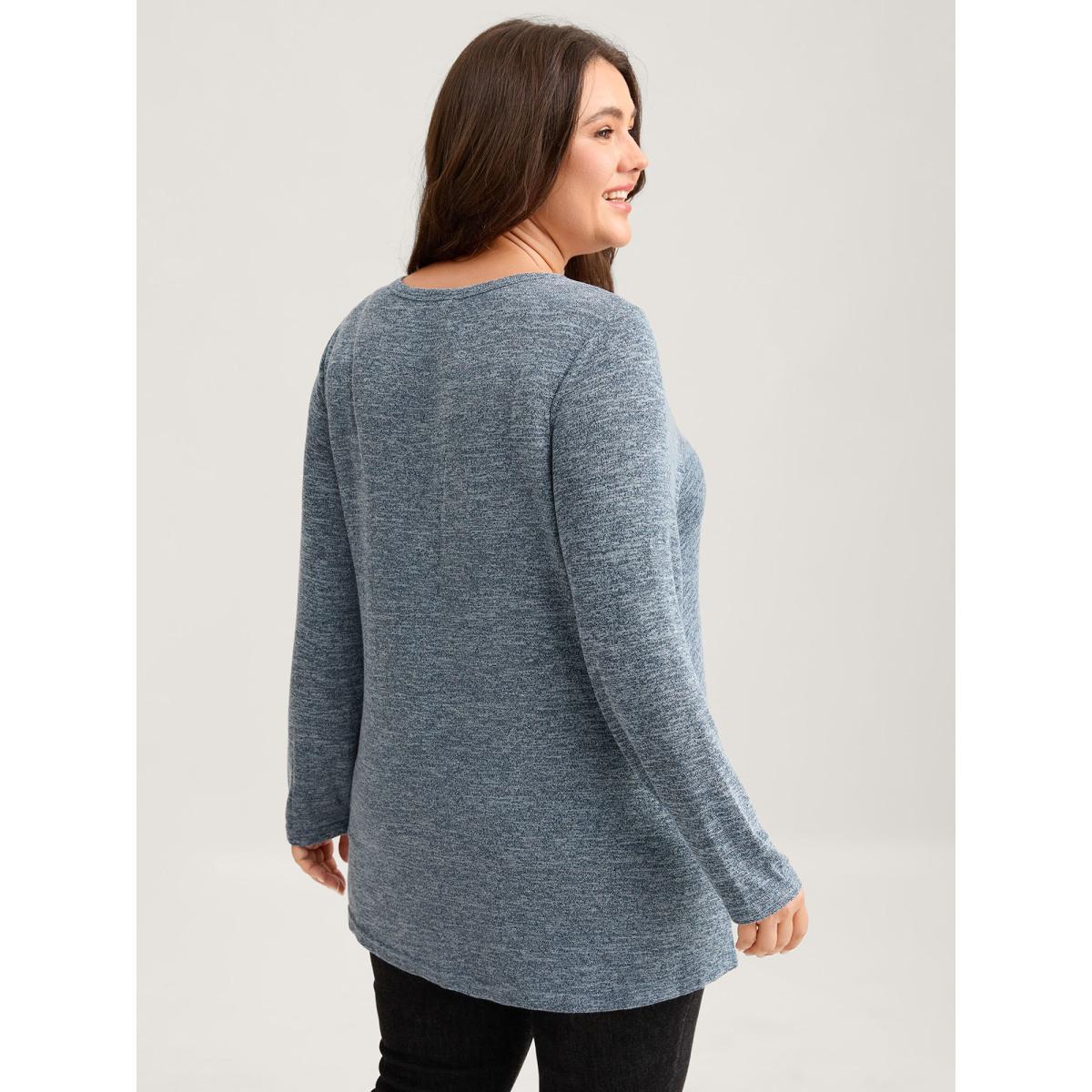 Plus Size Heather Button Up Long Sleeve T-shirt Cerulean Women Leisure Heather Plain Casual T-shirts BloomChic 10/M Product Image