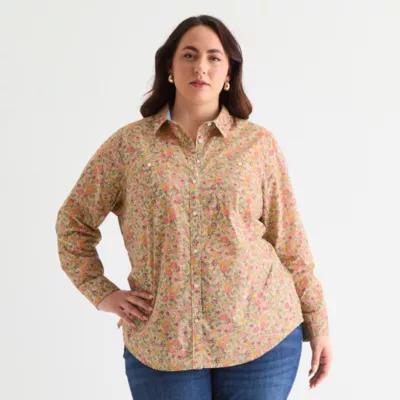 St. John's Bay Womens Long Sleeve Cuffed Sleeve Regular Fit Plus Button-Down Shirt Product Image