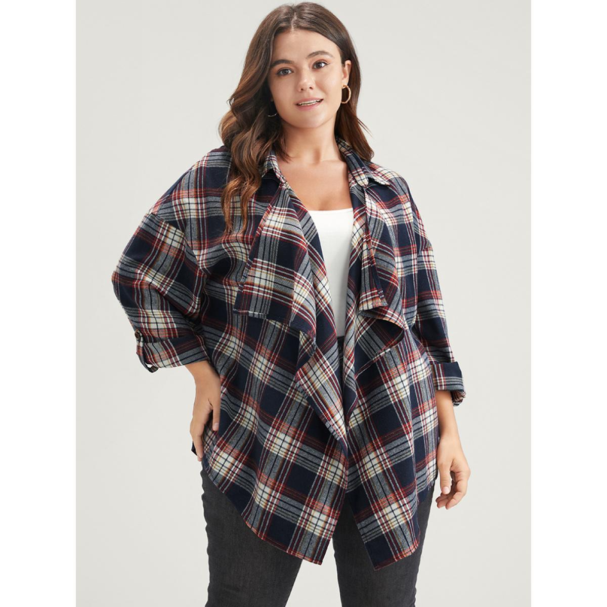 Plus Size Plaid Cuffed Sleeve Asymmetrical Waterfall Collar Coat Women DarkBlue Elegant Asymmetrical Ladies Dailywear Winter Coats BloomChic 12/L Product Image