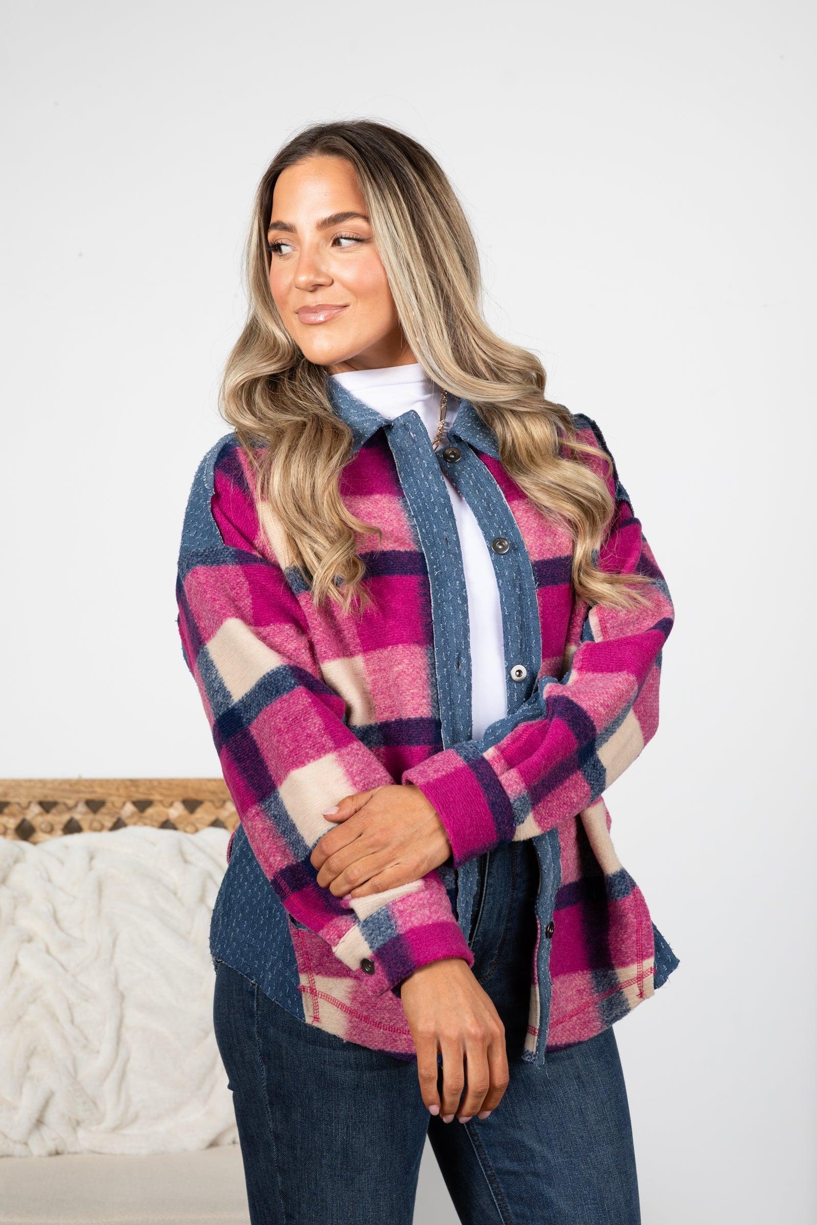 Textured Denim Contrast Plaid Shacket Product Image