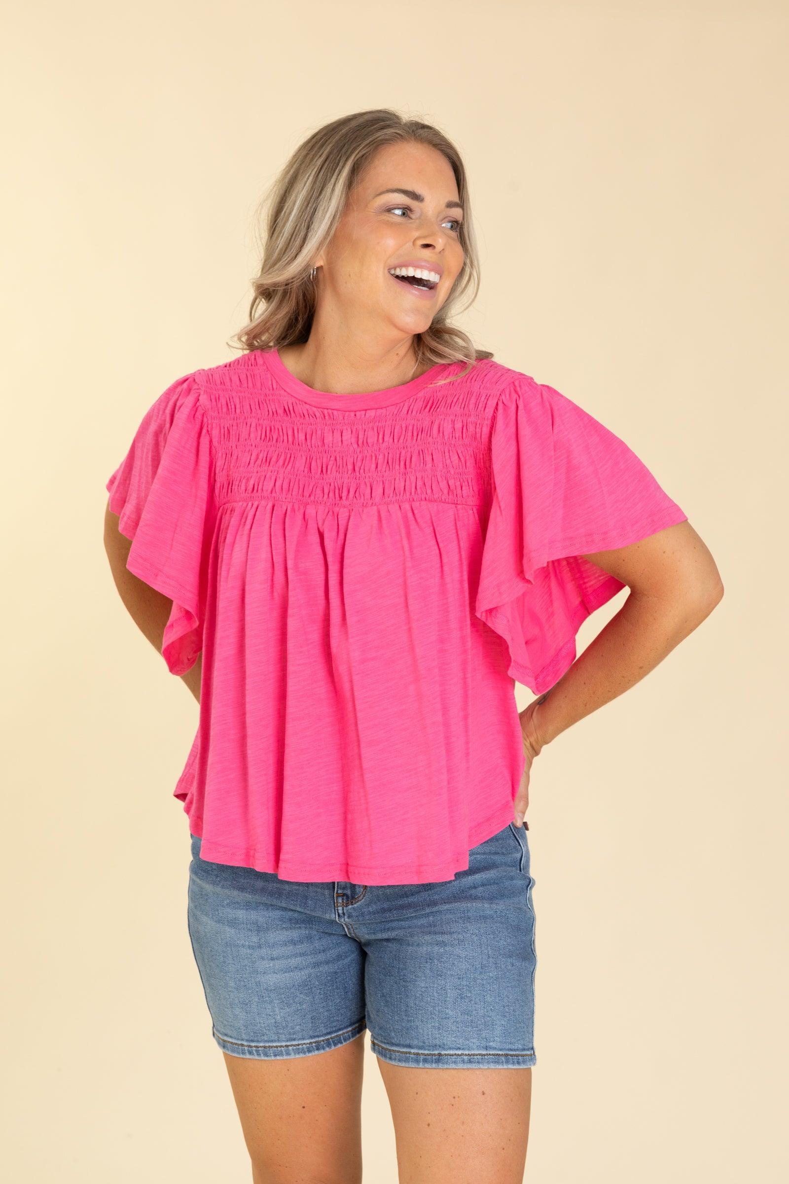 Pink Smocking Detail Flutter Sleeve Knit Top Product Image