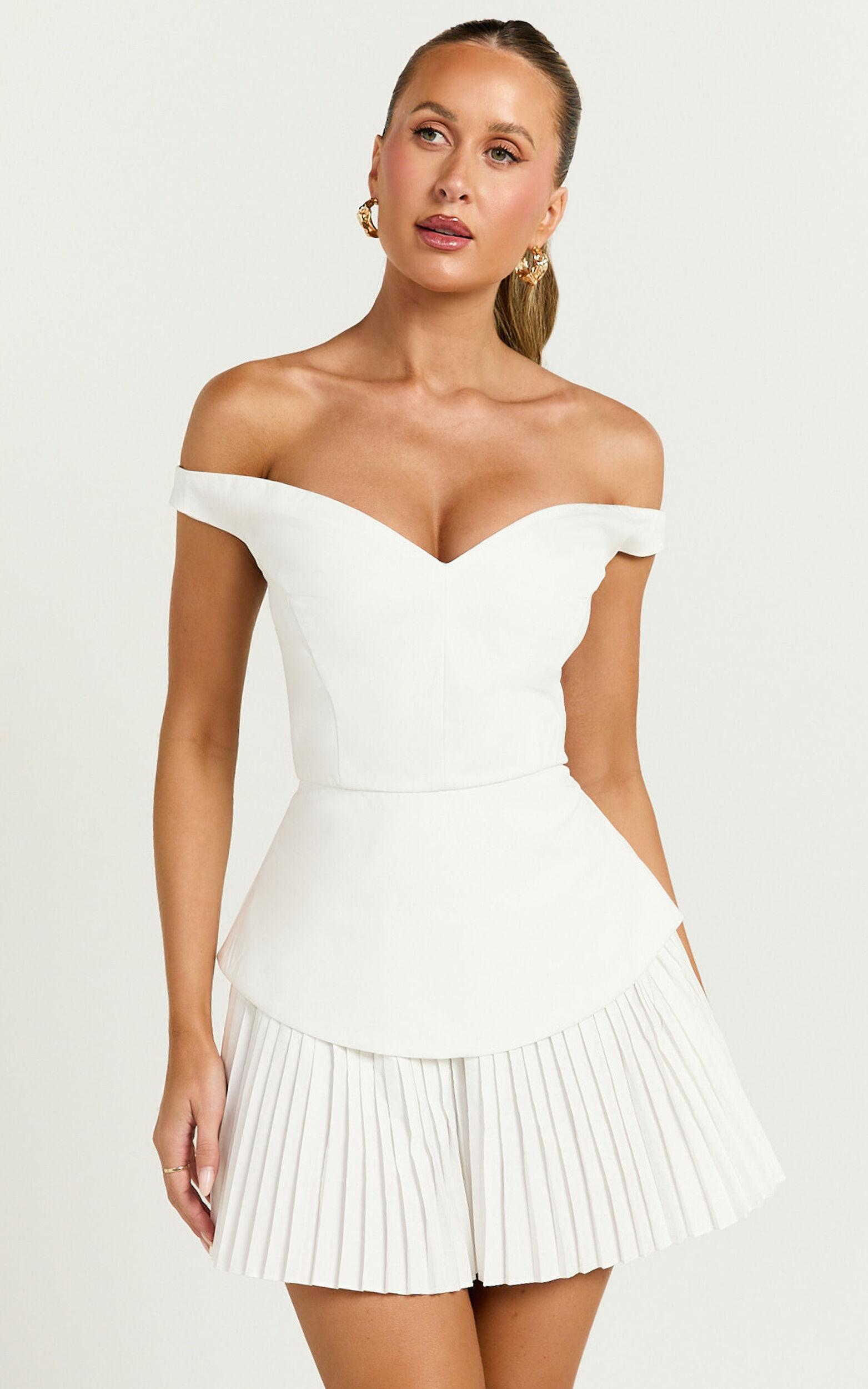 Izara Mini Dress - Off Shoulder Pleated Dress in Off White Product Image