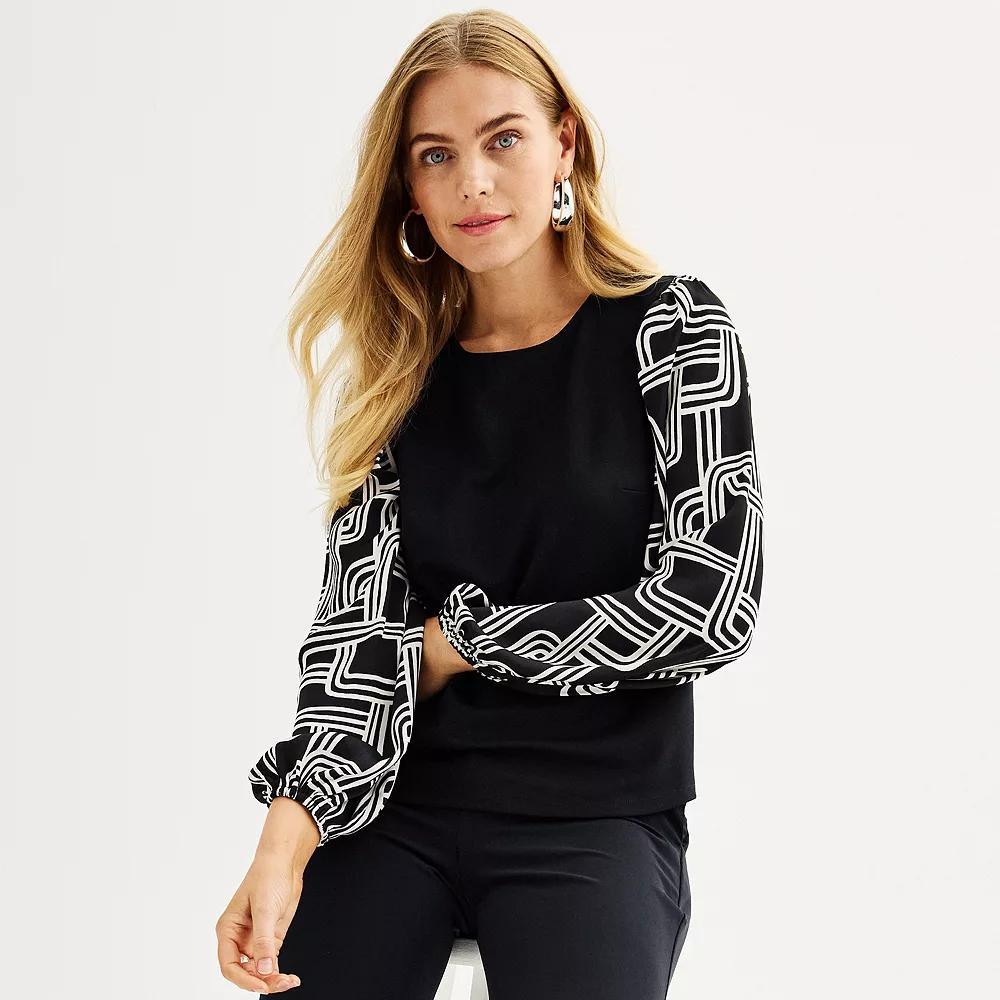 Petite Nine West Puff-Sleeve Mixed Media Top, Women's, Size: Small Petite, Black Product Image