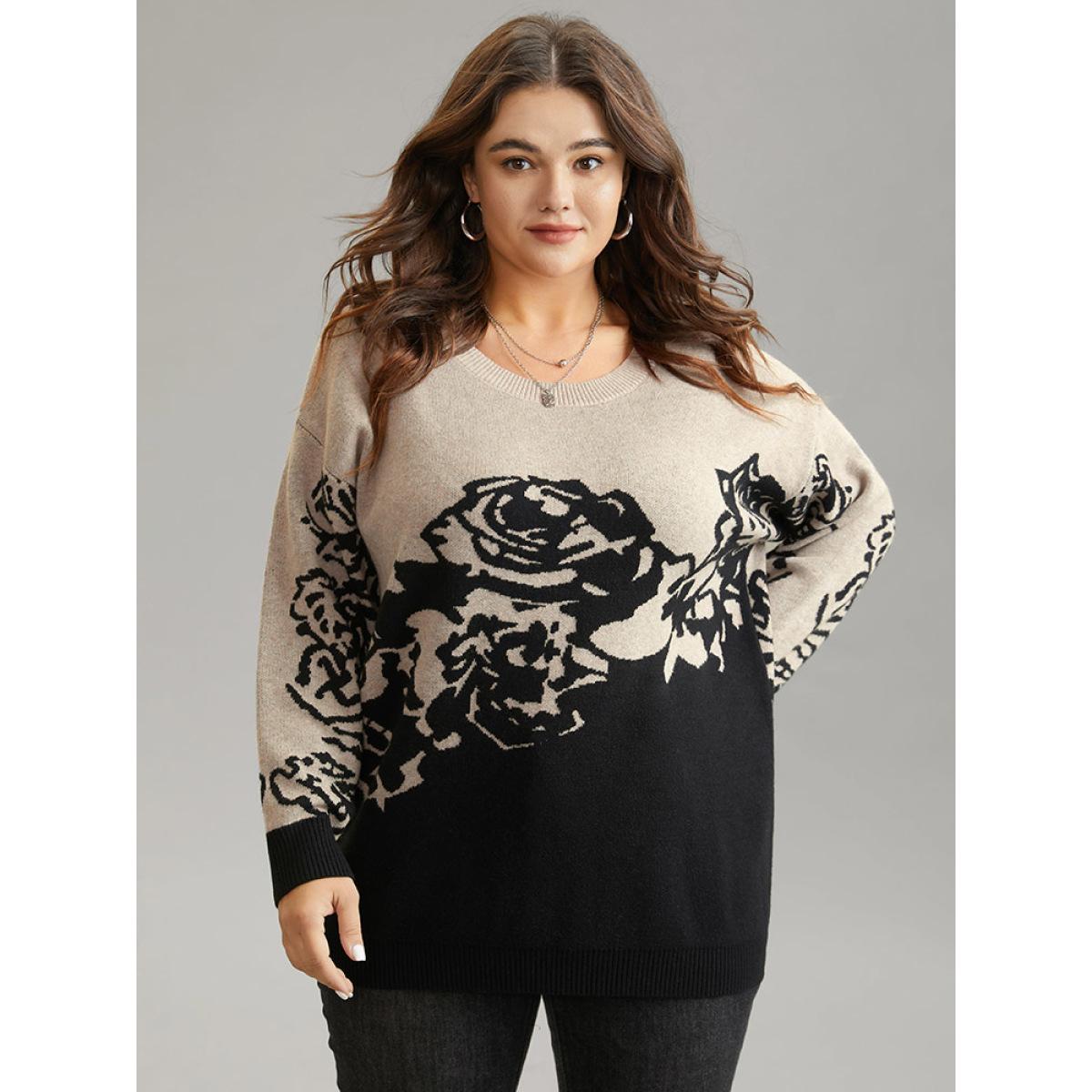 Plus Size Supersoft Essentials Rose Jacquard Contrast Pullover Black Women Casual Loose Long Sleeve Round Neck Dailywear Pullovers BloomChic 26/4X Product Image