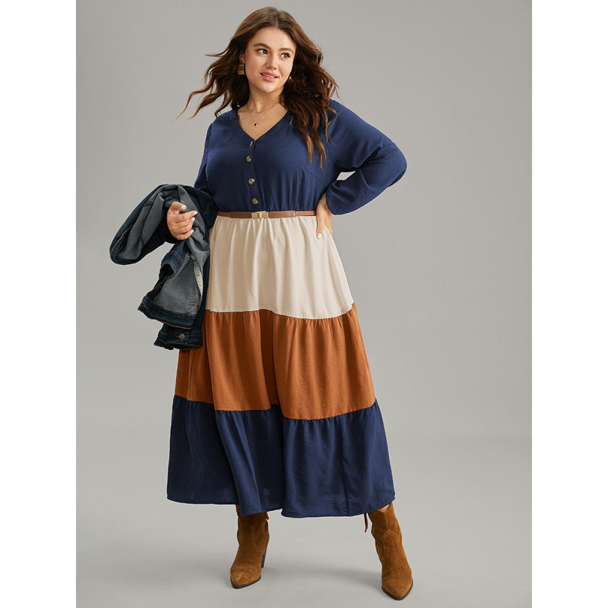 Plus Size Colorblock Patchwork Lantern Sleeve Button Detail Dress DarkBlue Women Elegant Elastic cuffs V-neck Long Sleeve Curvy Midi Dress BloomChic 26/4X Product Image