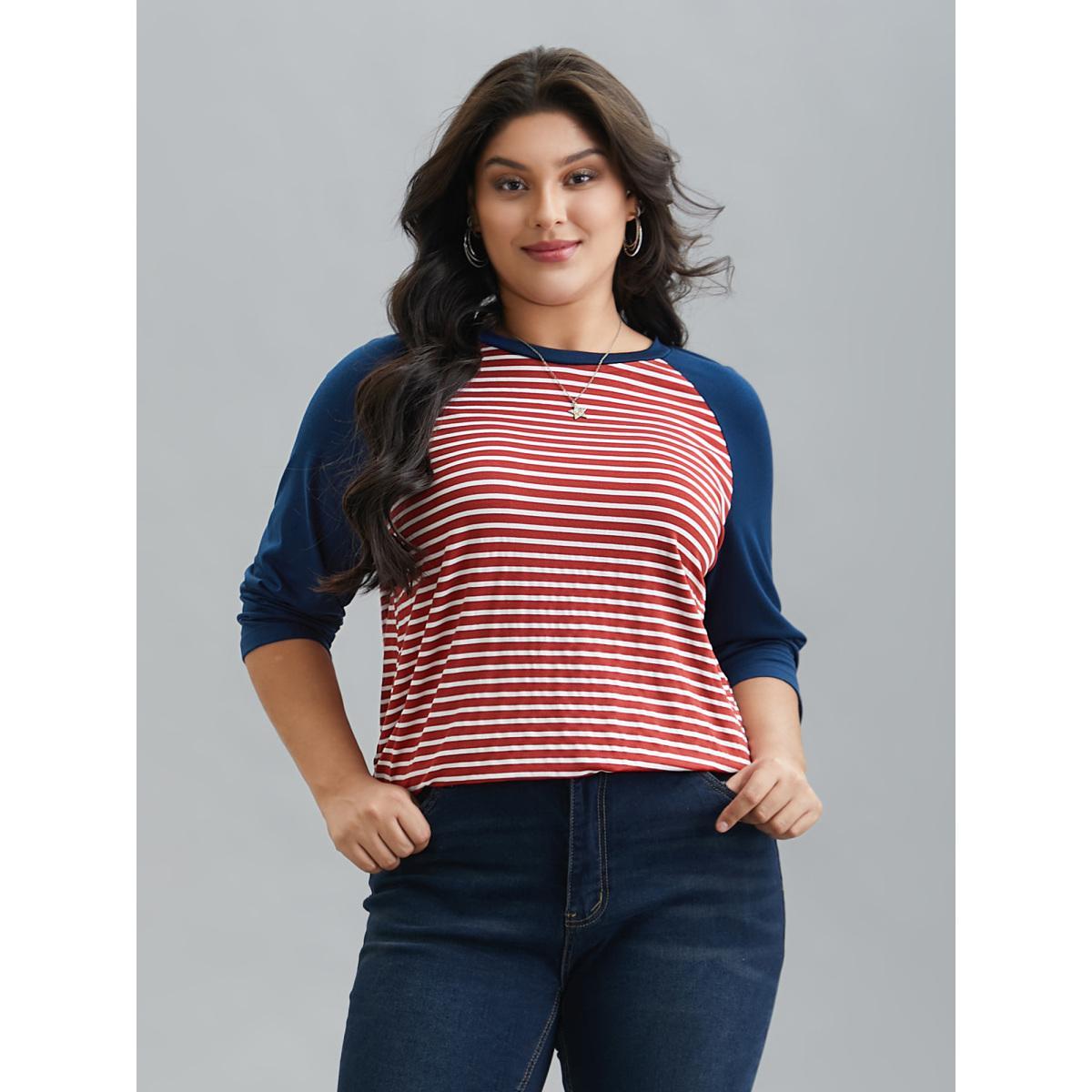Plus Size Color-Block Striped Raglan Sleeve T-Shirt Multicolor Women Casual Contrast Round Neck Everyday T-shirts BloomChic 10/M Product Image