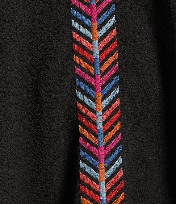 Calessa Petite Size Embroidered Patchwork Ruffle Split V-Neck 3/4 Sleeve Tunic Product Image