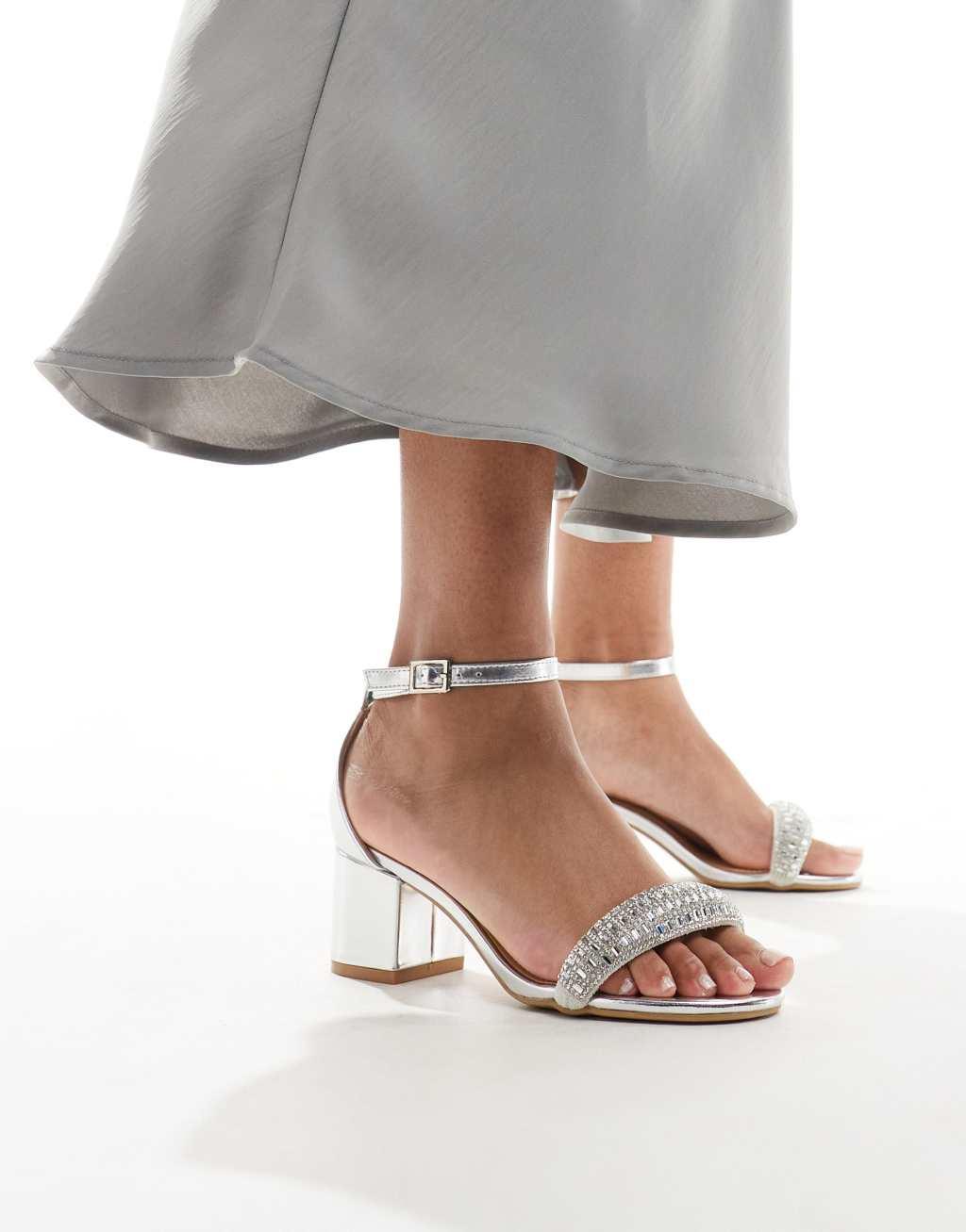 Truffle Collection block heel embellished strap sandals in silver Product Image