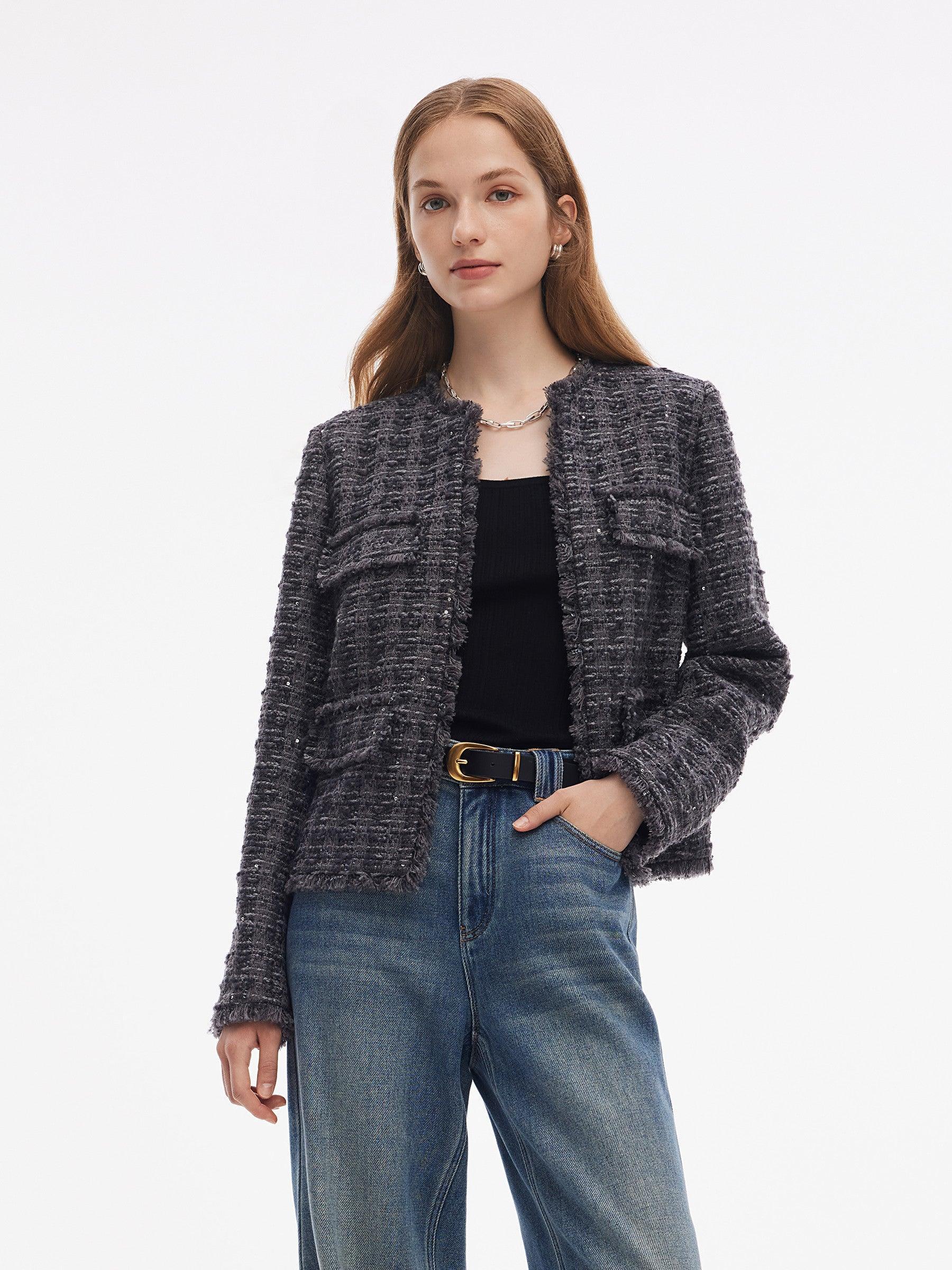 Wool Blend Sequins Tweed Women Frayed Edge Crop Jacket Product Image