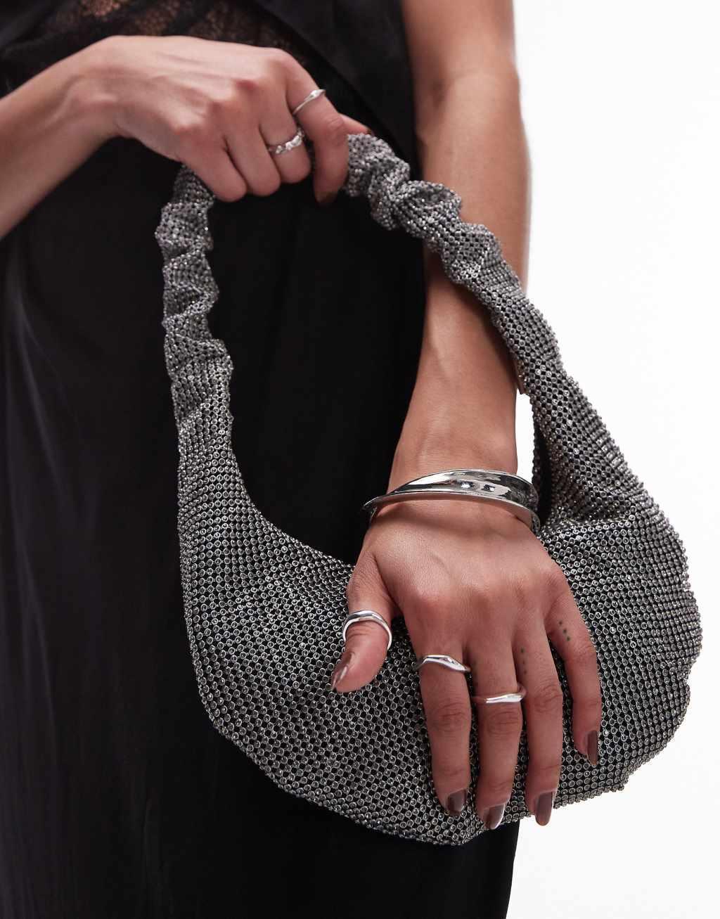 Topshop Solane diamante shoulder bag with ruched handle in pewter Product Image