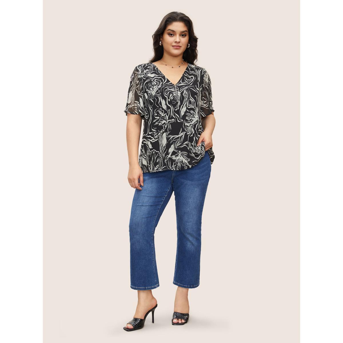 Plus Size Black Floral Half Zip Patchwork Mesh Blouse Women Elegant Short sleeve V-neck Everyday Blouses BloomChic 18-20/2X Product Image