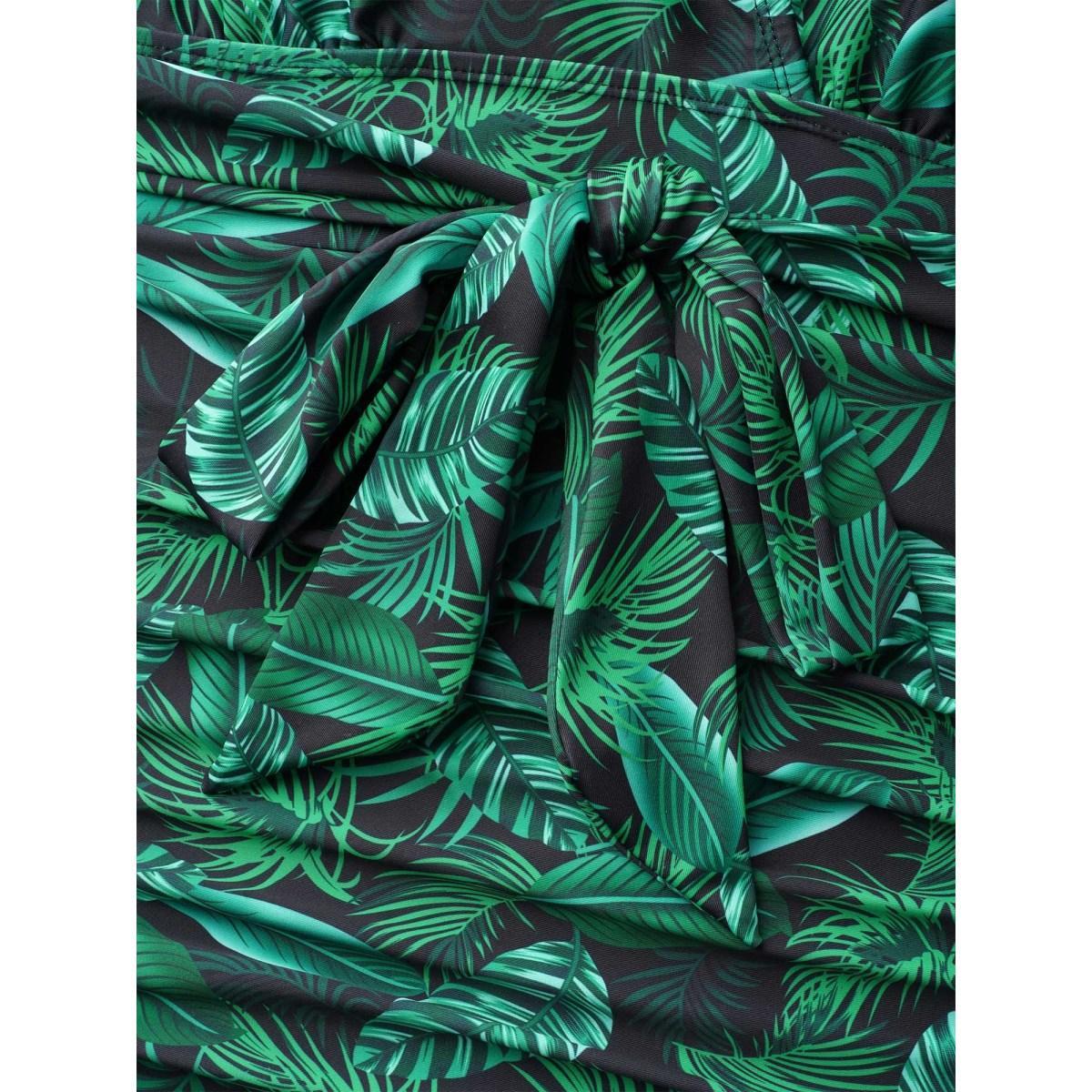 Plus Size Tropical Leaf Print One-Piece Swimsuit Women's Swimwear DarkGreen Beach Tie knot Curve Bathing Suits High stretch One Pieces BloomChic 26/4X Product Image