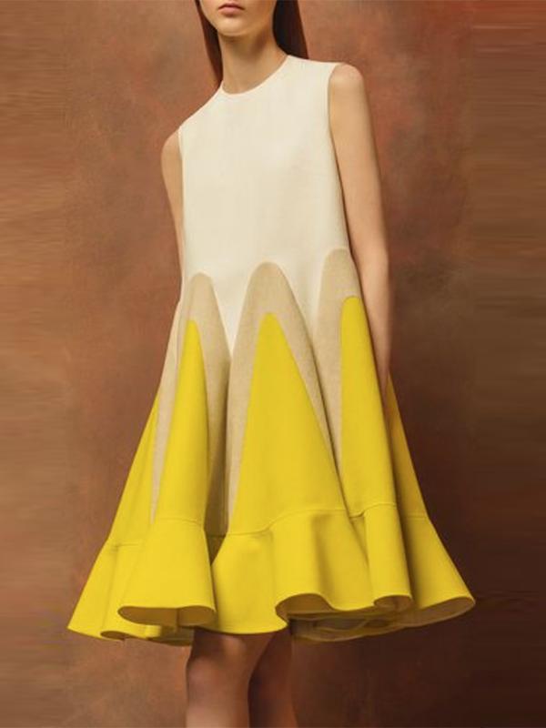 Loose Sleeveless Contrast Color Falbala Round-Neck Mini Dresses Product Image