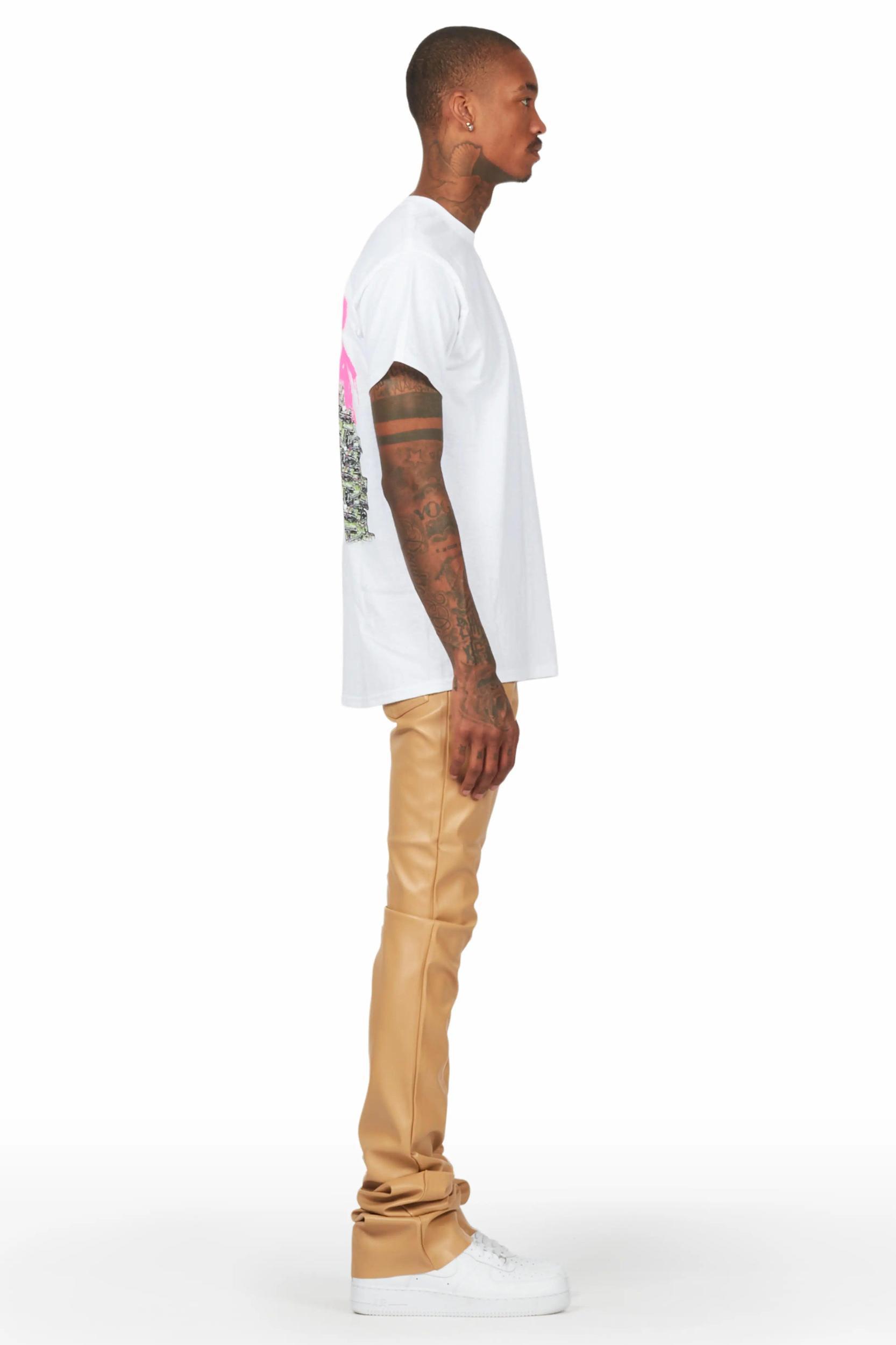 Badbich White T-Shirt & Ricky Tan Super Stacked Faux Leather Pant Bundle Male Product Image
