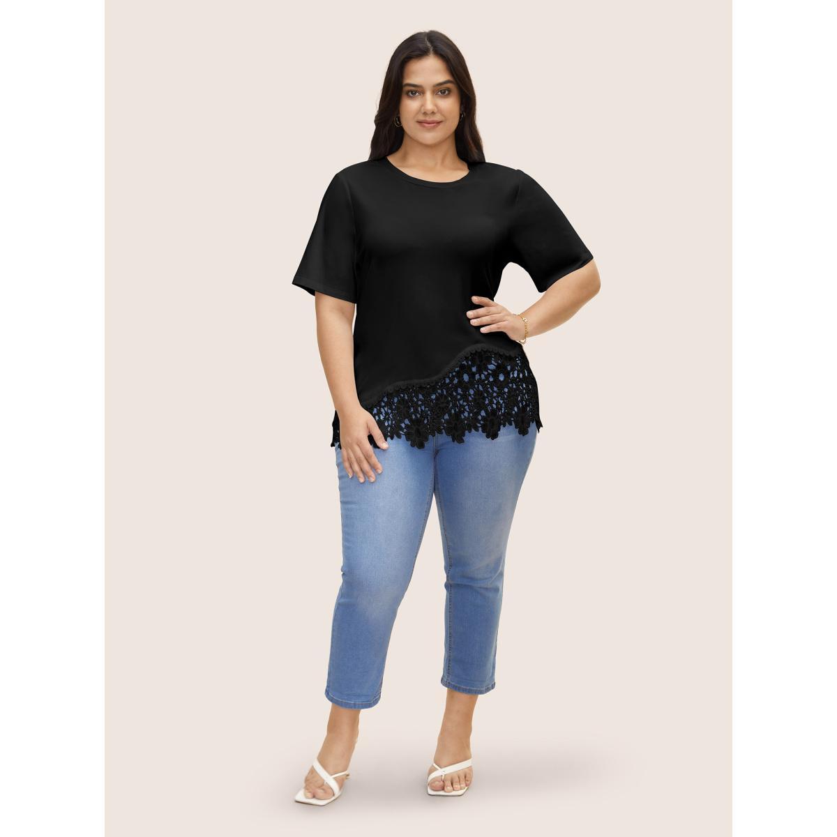 Plus Size Crew Neck Flower Lace Patchwork T-shirt Black Women Elegant Patchwork Round Neck Everyday T-shirts BloomChic 28/5X Product Image