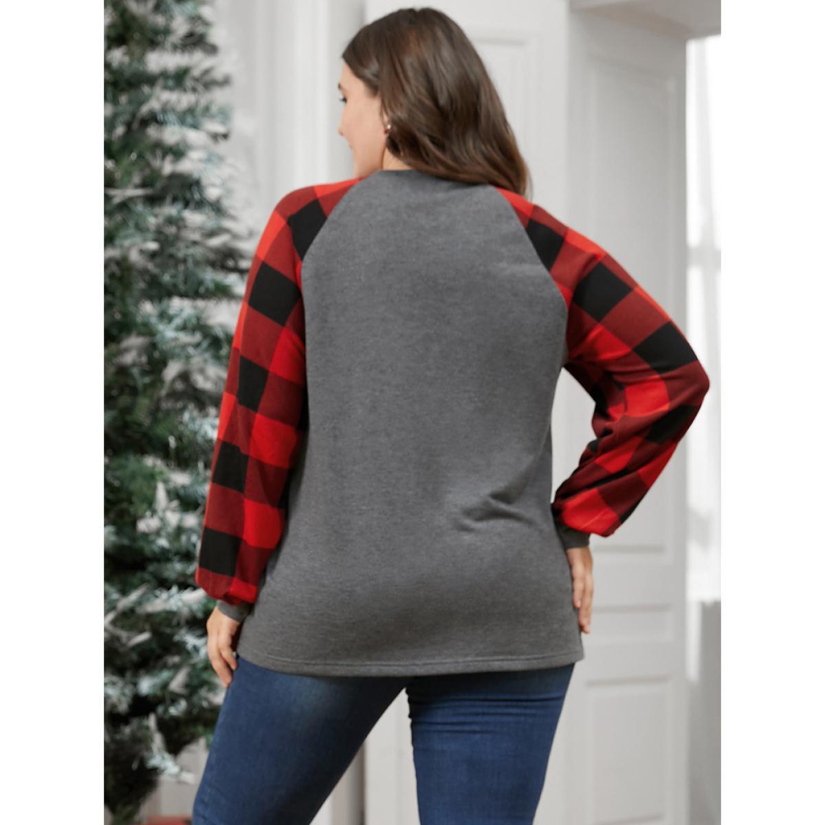 Plus Size Letter Print Round Neck Plaid Long Tee Gray Women Elegant Printed Graphic-Christmas Dailywear T-shirts BloomChic 22-24/3X Product Image