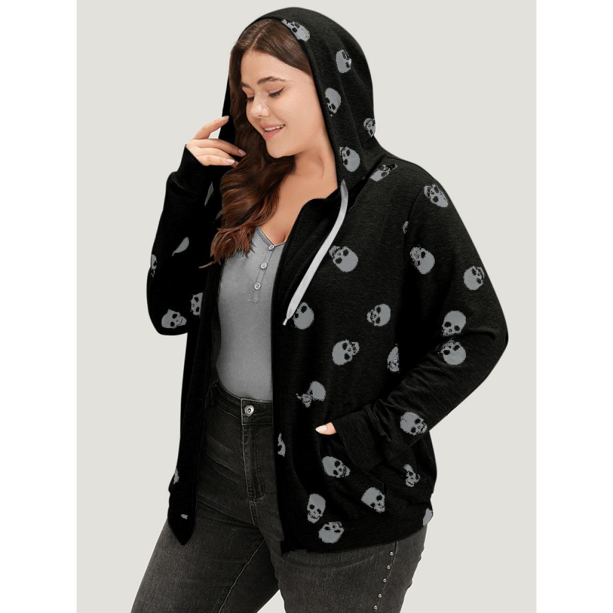 Plus Size Halloween Skull Print Pocket Zipper Hooded Sweatshirt Women Black Casual Elastic cuffs Hooded Festival-Halloween Sweatshirts BloomChic 22-24/3X Product Image