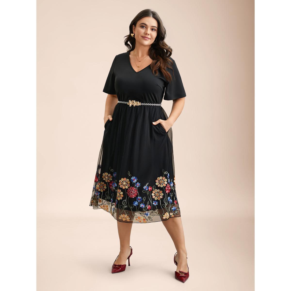 Plus Size Floral Embroidered Hem Stretchy-Waist Pockets Midi Dress BlackFlower Women Elegant See through V-neck Short sleeve Curvy BloomChic 22-24/3X Product Image