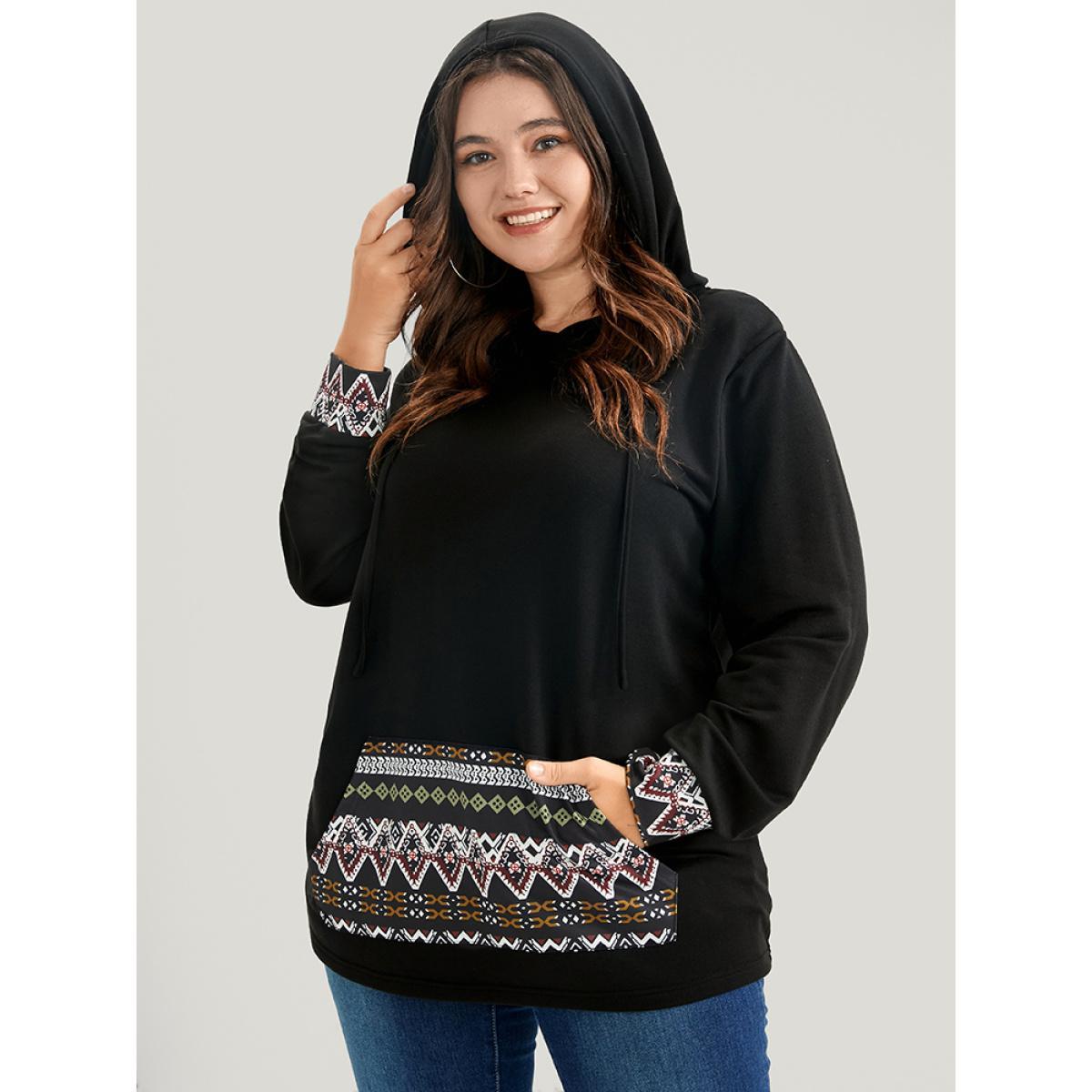 Plus Size Geometric Print Pocket Drawstring Hooded Sweatshirt Women Black Vacation Patchwork Hooded Dailywear Sweatshirts BloomChic 12/L Product Image