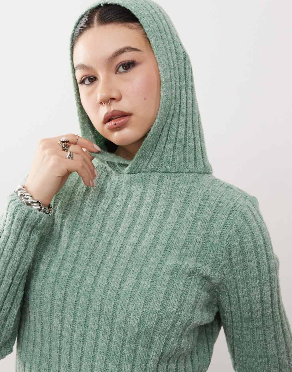 Reclaimed Vintage fluffy rib knit hoodie in aqua blue Product Image