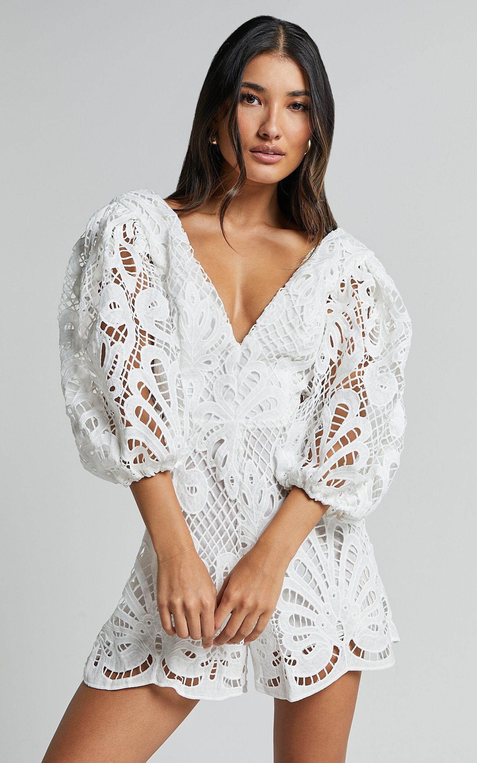 Channing Playsuit - Lace Short Puff Sleeve Playsuit in White Product Image