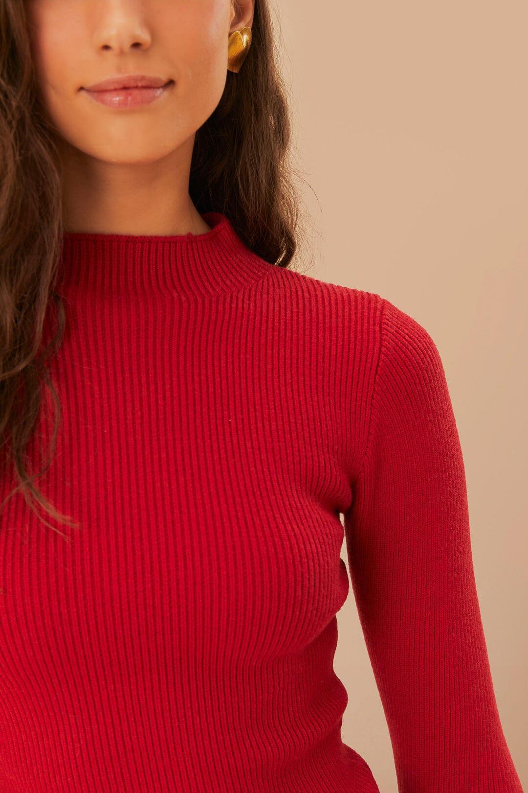 High Neck Burgundy Knit Blouse, BURGUNDY / L Product Image