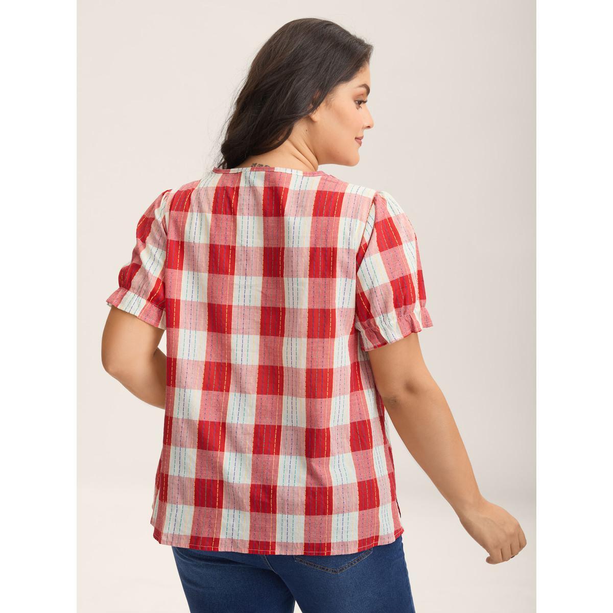 Plus Size Multicolor Cotton Plaid Print V-Neck Puffy Sleeve Blouse Women Playful Short sleeve V-neck Casual Blouses BloomChic 30/6X Product Image